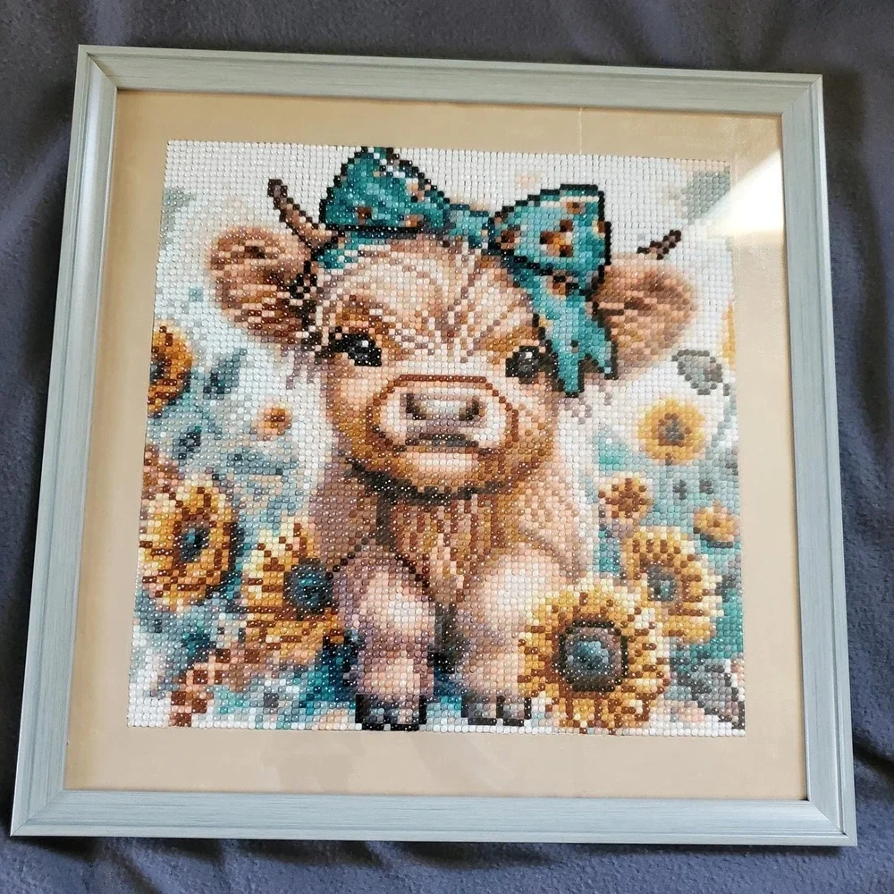 Highland Cow Diamond Painting Completed&Framed Sunflower Farmhouse Decor 12.5in